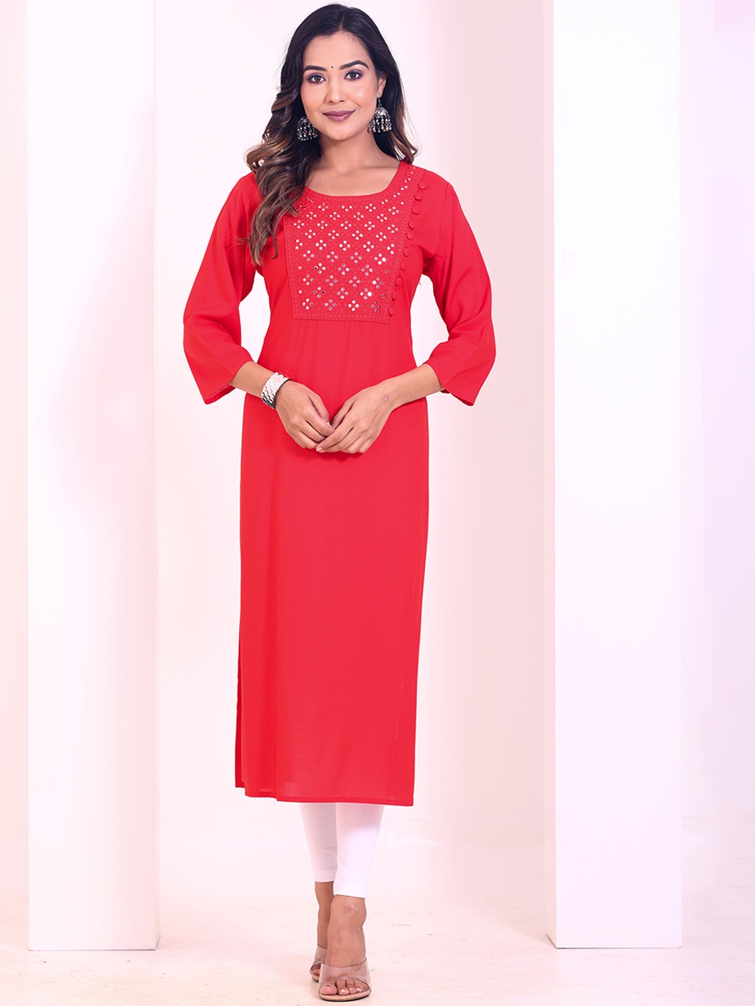 

Intizer Geometric Embroidered Mirror Work Round Neck Straight Kurta, Red