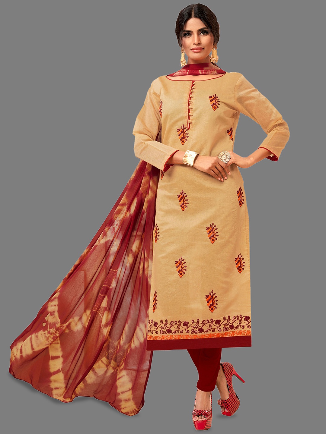 

A TO Z CART Floral Embroidered Unstitched Dress Material, Beige