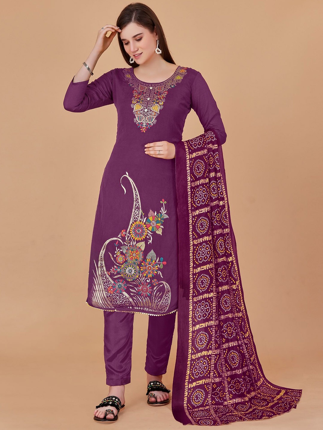 

A TO Z CART Floral Embroidered Pure Cotton Unstitched Dress Material, Purple