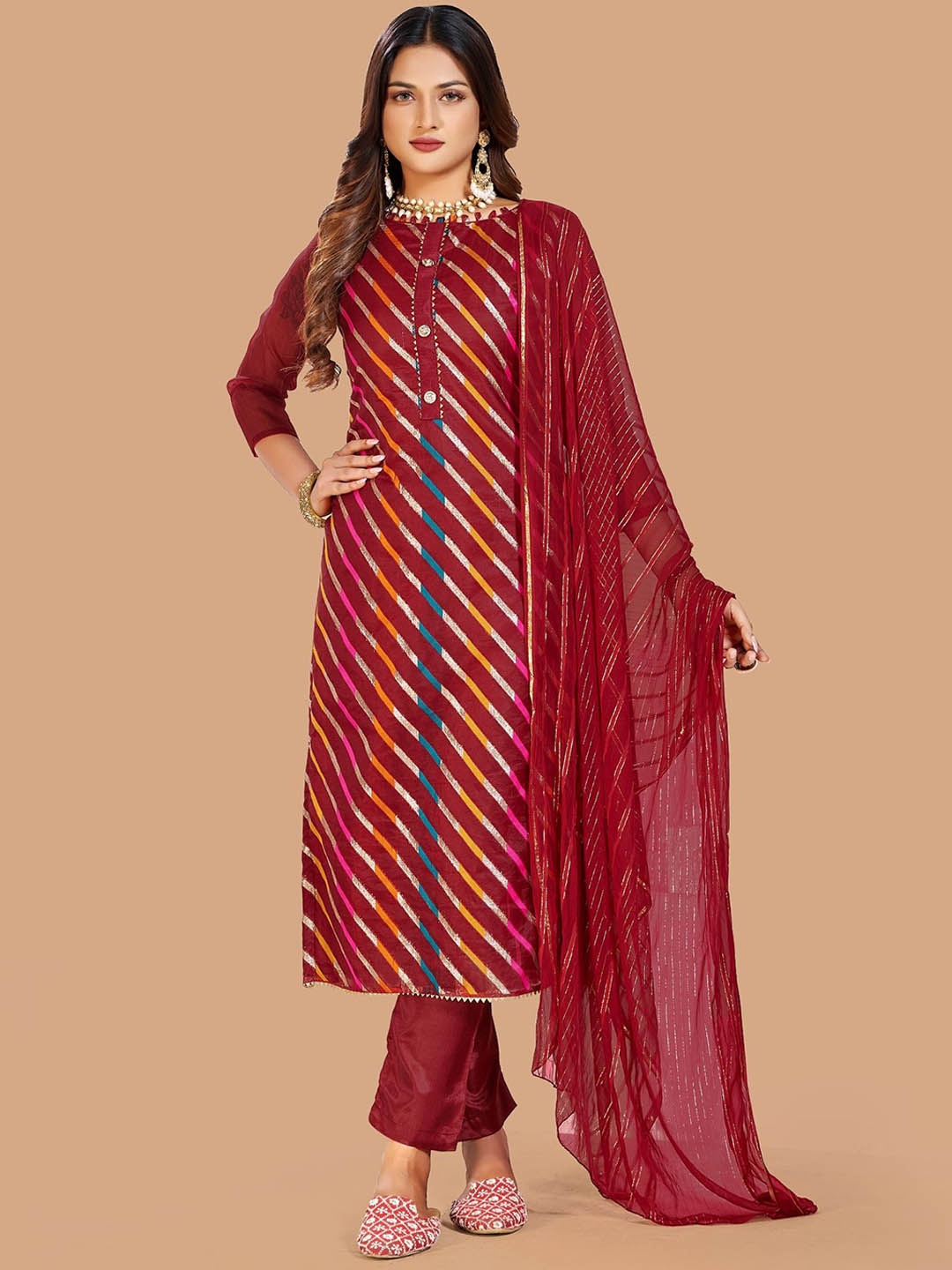 

A TO Z CART Striped Woven Design Pure Cotton Unstitched Dress Material, Maroon