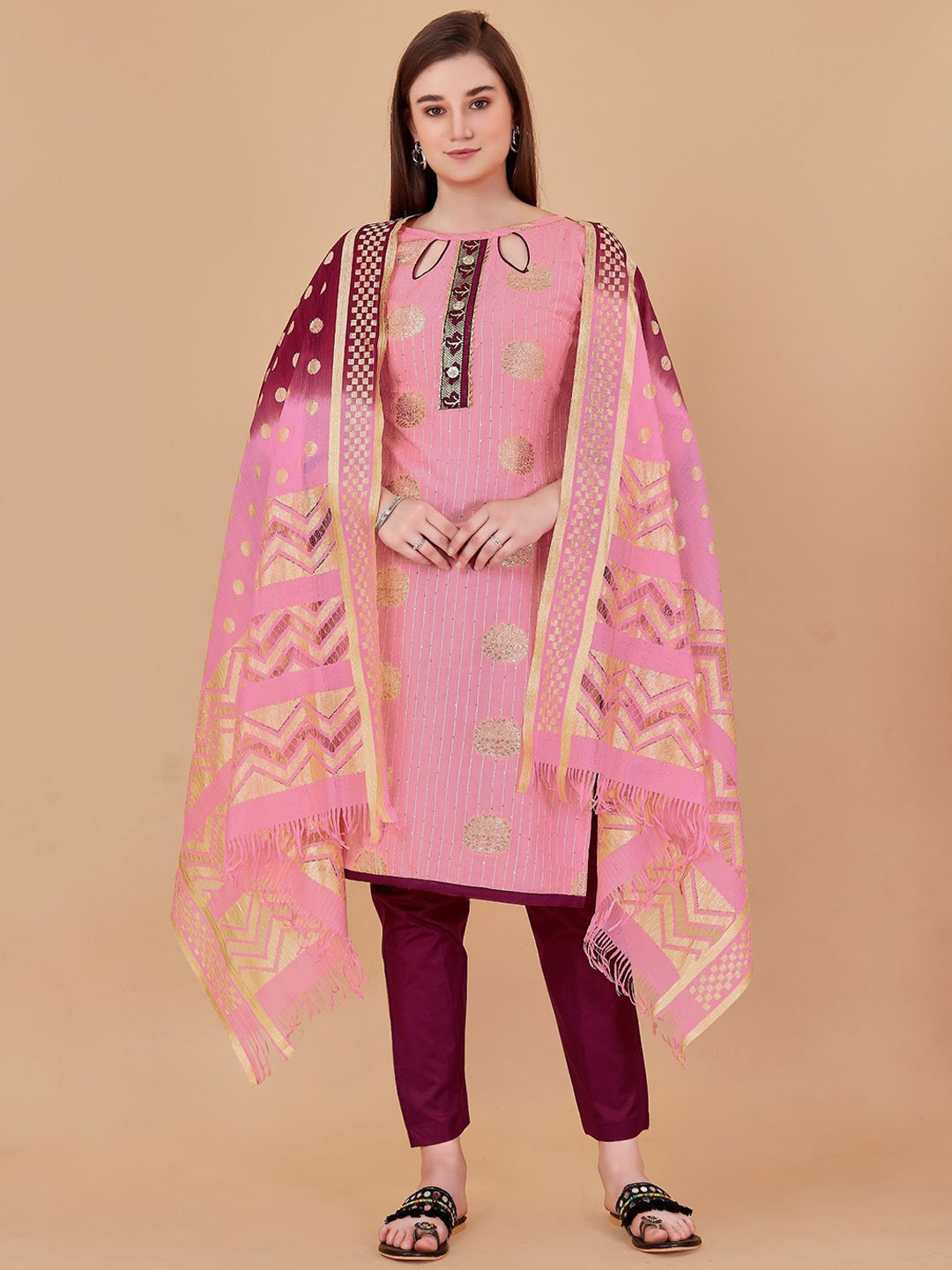 

A TO Z CART Floral Woven Design Thread Work Pure Cotton Unstitched Dress Material, Peach