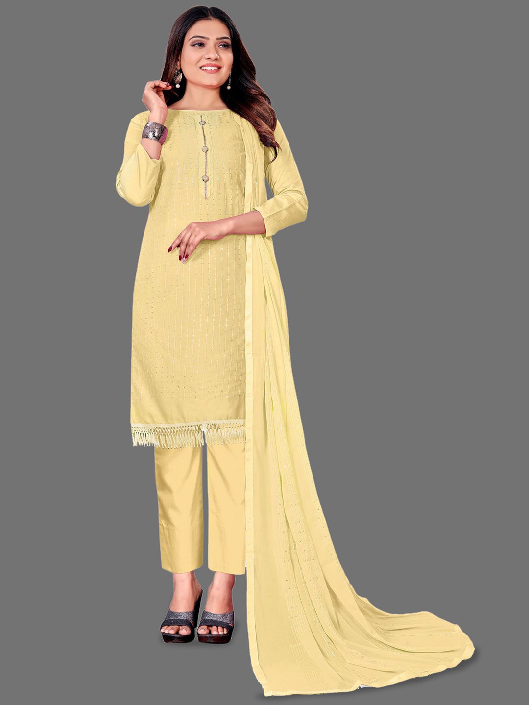 

A TO Z CART Striped Embroidered Unstitched Dress Material, Yellow