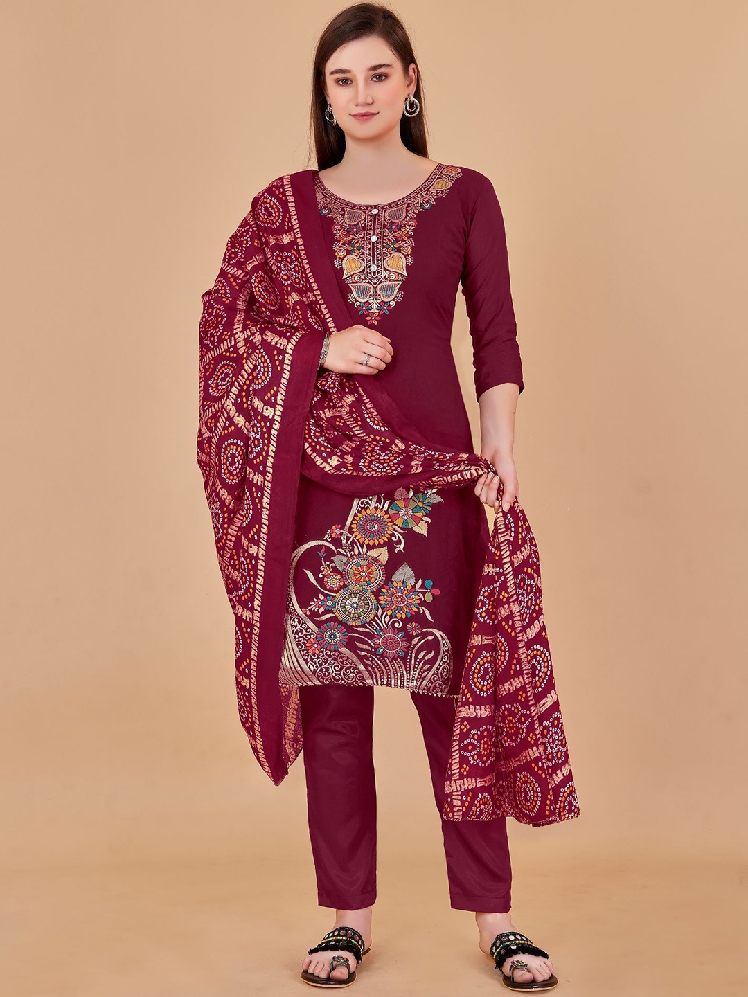 

A TO Z CART Floral Embroidered Pure Cotton Unstitched Dress Material, Maroon