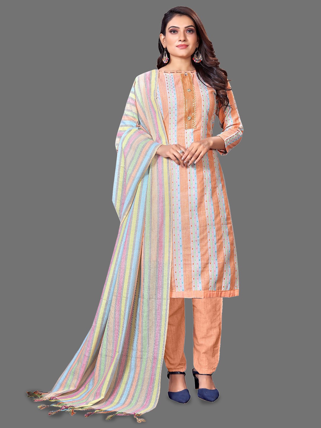 

A TO Z CART Striped Unstitched Dress Material, Orange