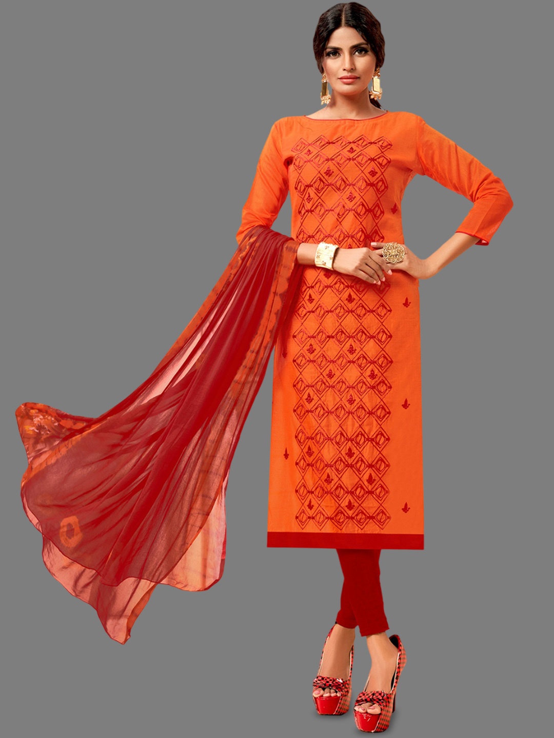 

A TO Z CART Geometric Embroidered Unstitched Dress Material, Orange