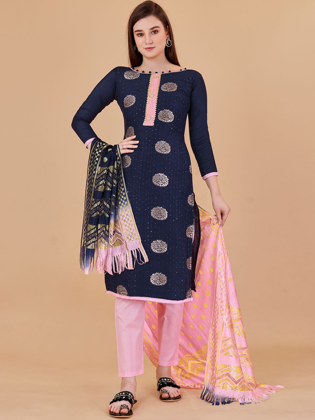 

A TO Z CART Floral Woven Design Thread Work Pure Cotton Unstitched Dress Material, Navy blue