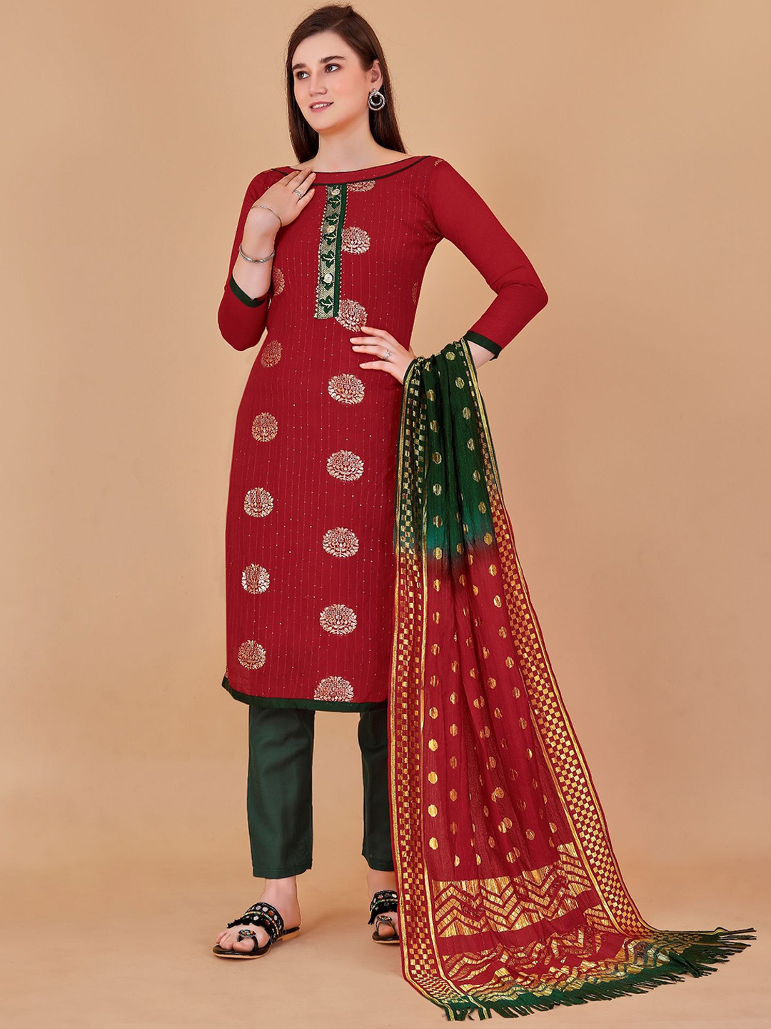 

A TO Z CART Ethnic Motifs Woven Design Pure Cotton Unstitched Dress Material, Red