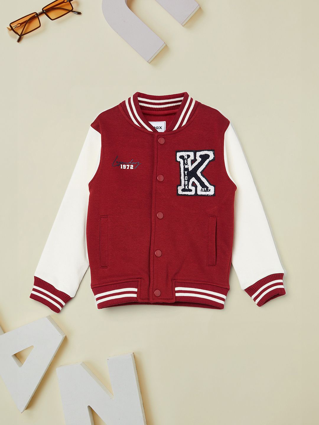 

max Boys Cotton Varsity Jacket with Patchwork, Red