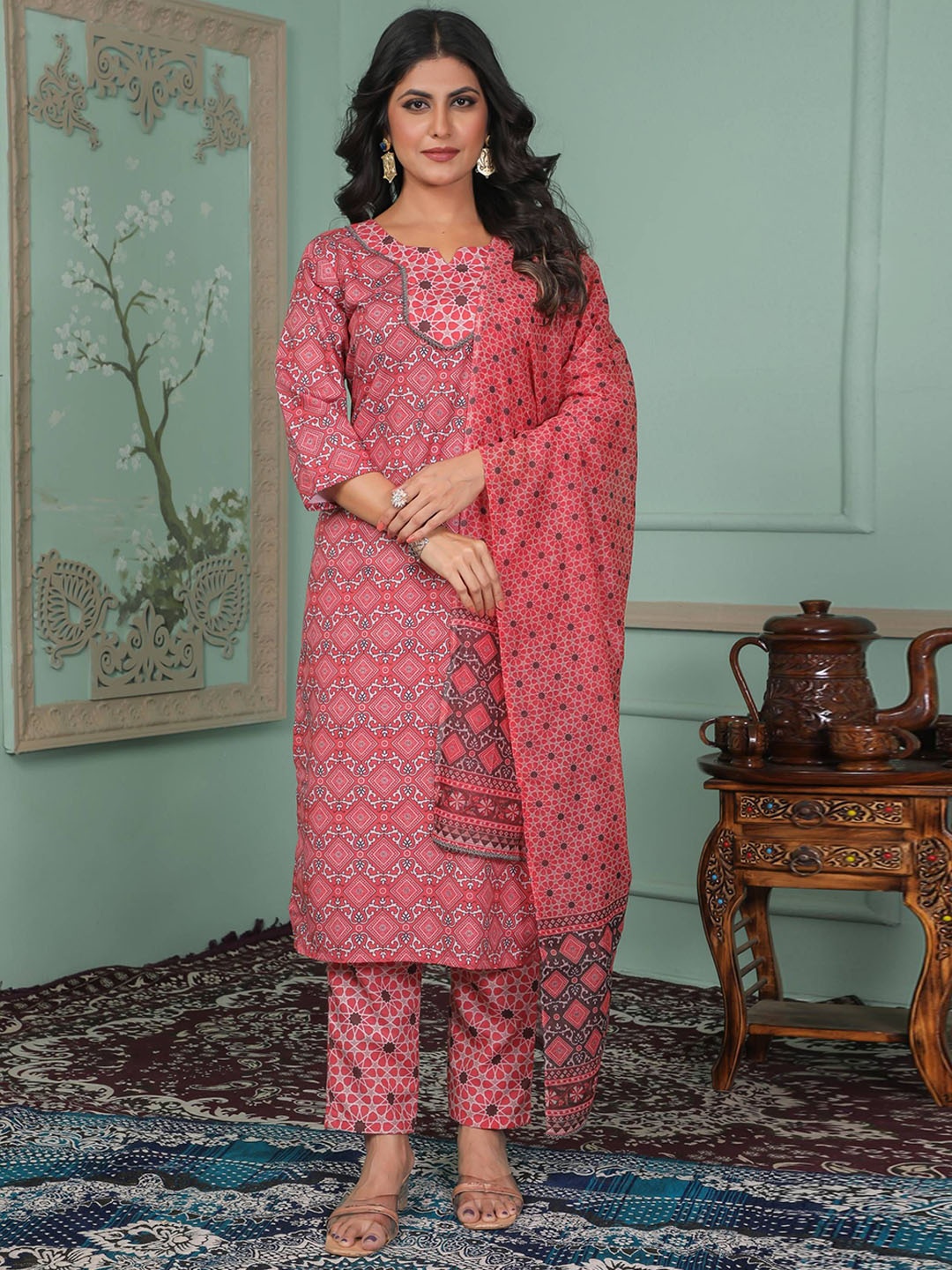 

HI FI NX Ethnic Motifs Printed Notch Neck Straight Kurta With Trousers And Dupatta, Coral