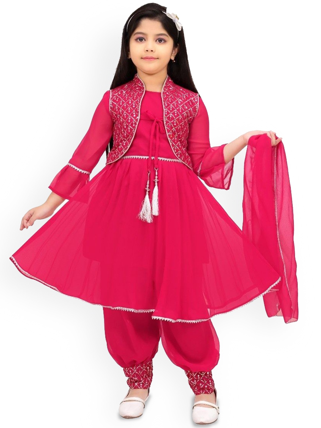 

BAESD Girls Round Neck Anarkali Kurta With Patiala And Dupatta, Pink