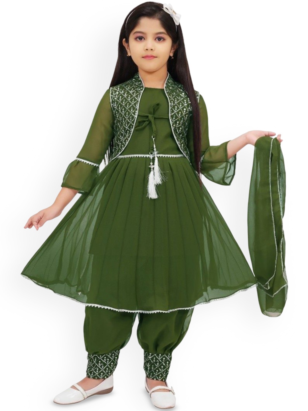 

BAESD Girls Sequinned Anarkali Kurta With Patiala And Dupatta & Jacket, Green