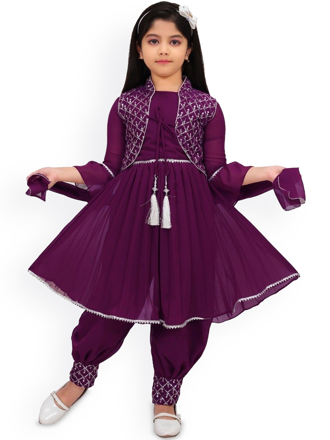 

BAESD Girls Embroidered A-Line Sequinned Kurta With Patiala And Dupatta & Jacket, Purple