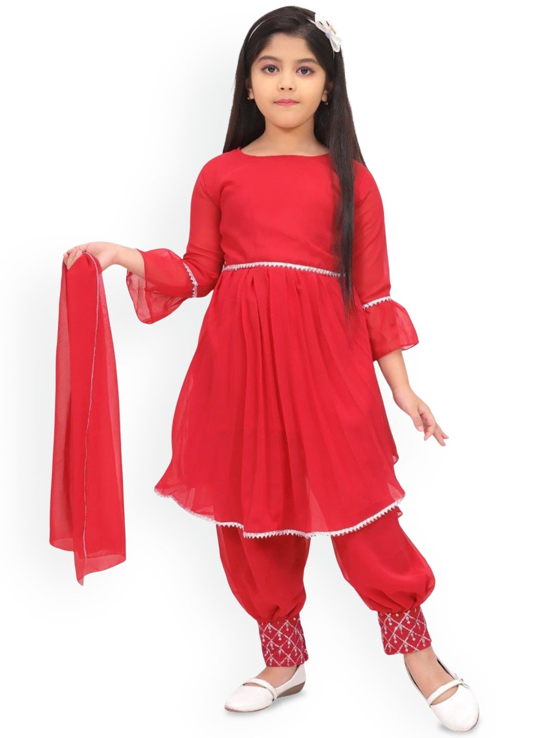 

BAESD Girls Round Neck Anarkali Kurta With Patiala And Dupatta, Red