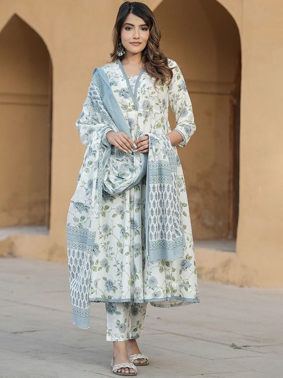

HI FI NX Floral Printed V-Neck Pure Cotton A-Line Kurta With Trousers And Dupatta, Grey