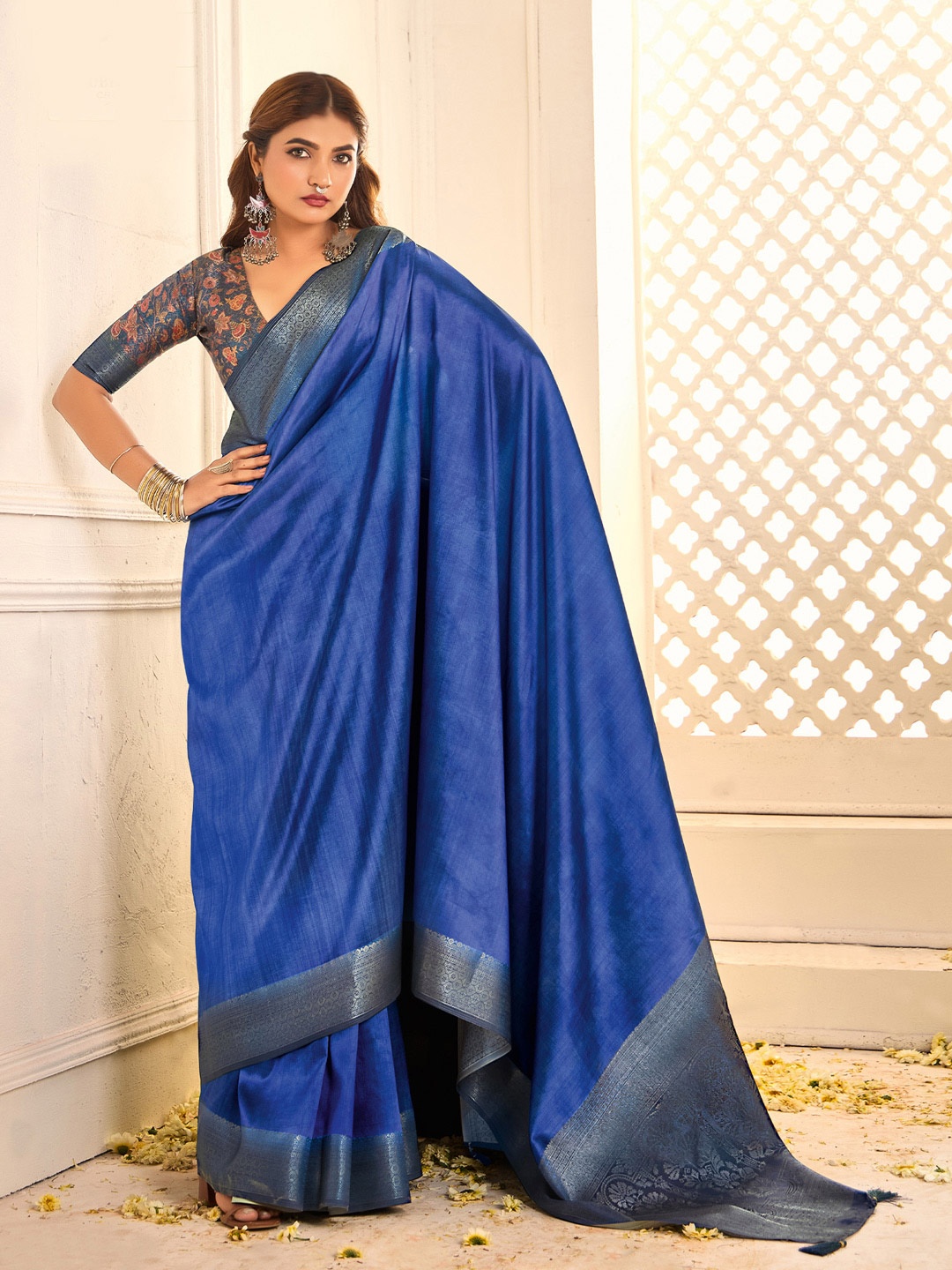 

House of Pataudi Jamdani Woven Design Saree With Blouse Piece, Blue