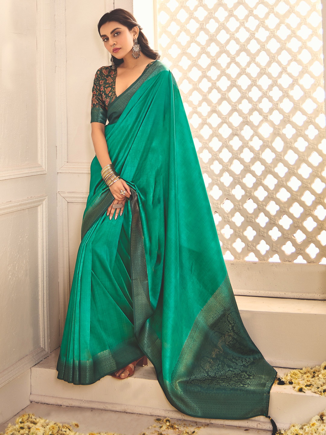 

House Of Pataudi Woven Design Jamdani Saree With Blouse Piece, Teal