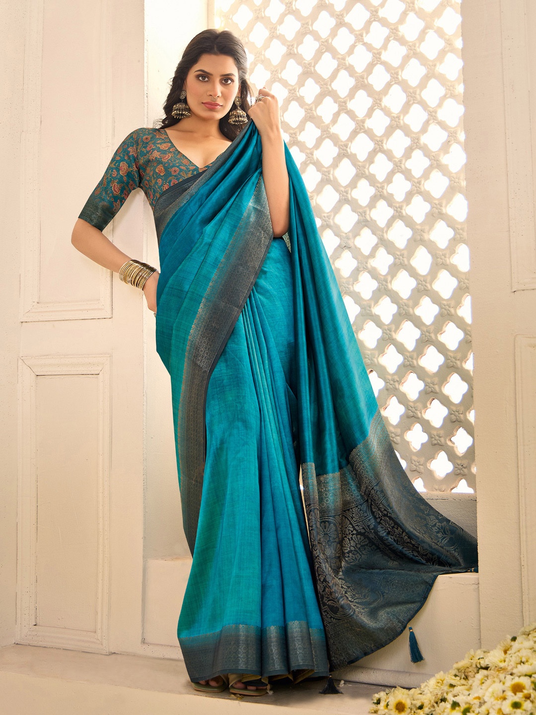 

House Of Pataudi Woven Design Jamdani Saree With Blouse Piece, Blue