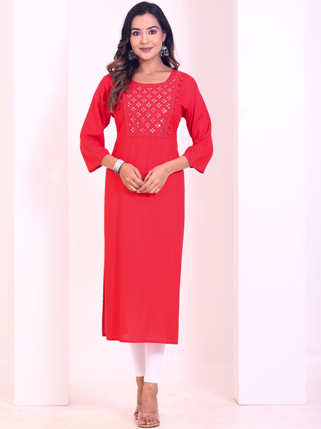 

Smartyhub Round Neck Mirror Work Straight Kurta, Red