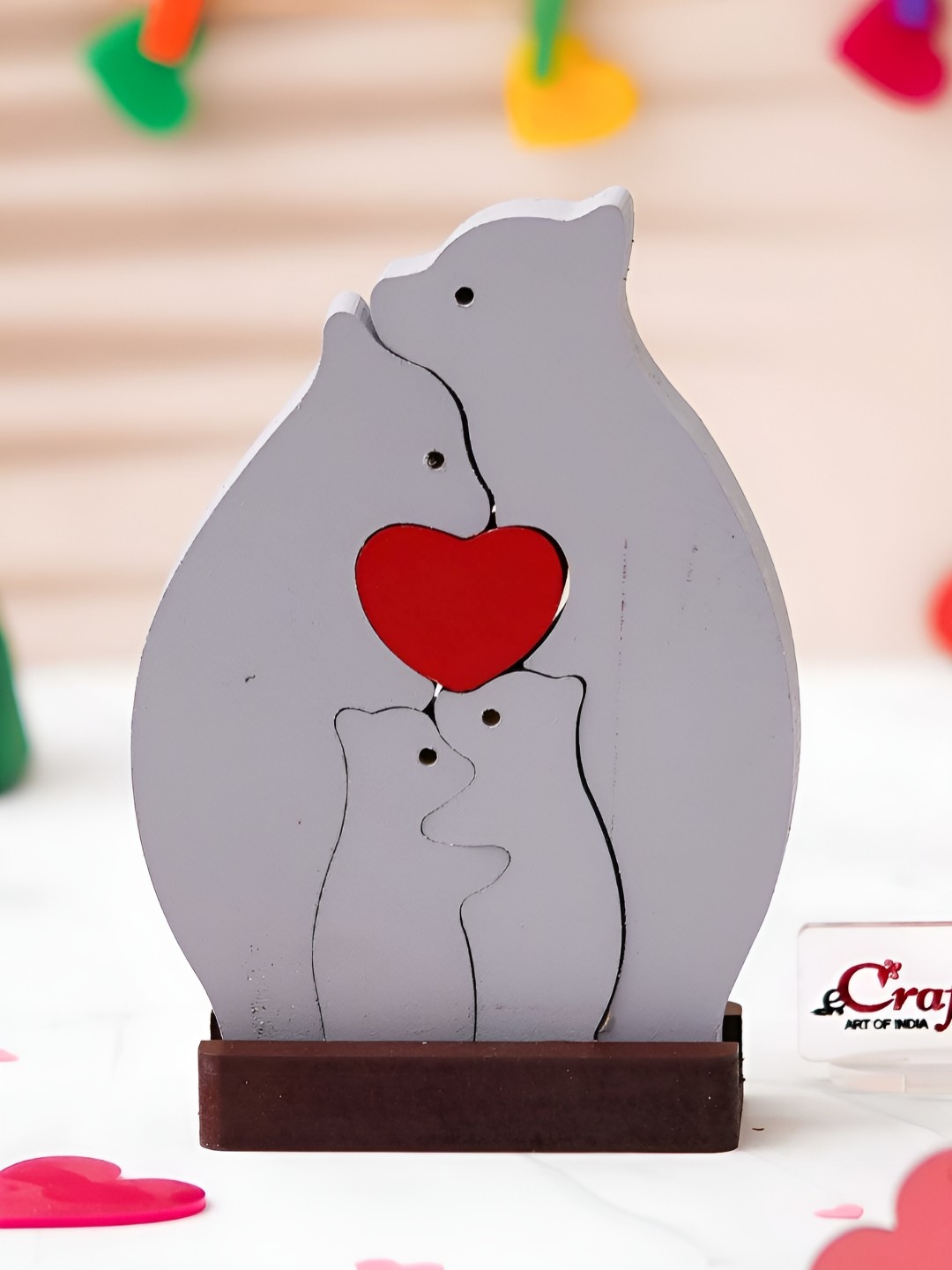 

eCraftIndia Grey & Red Wooded Bear Family With Heart Showpiece