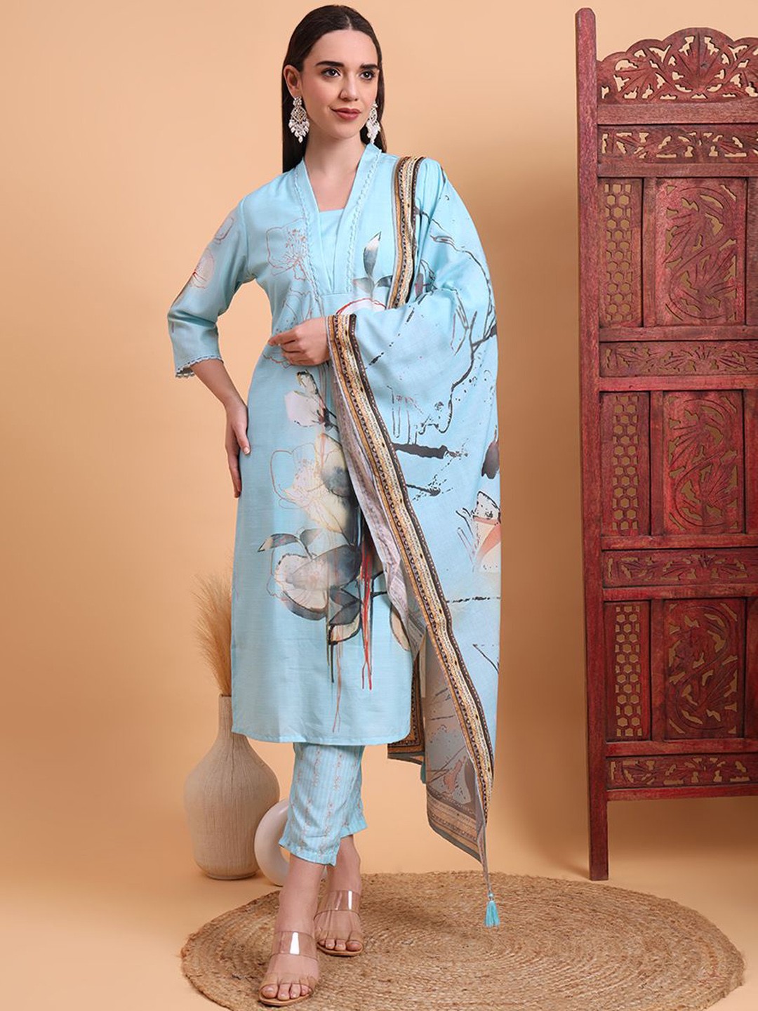 

Lookmark Floral Printed Notch Neck Straight Kurta With Trouser And Dupatta, Blue