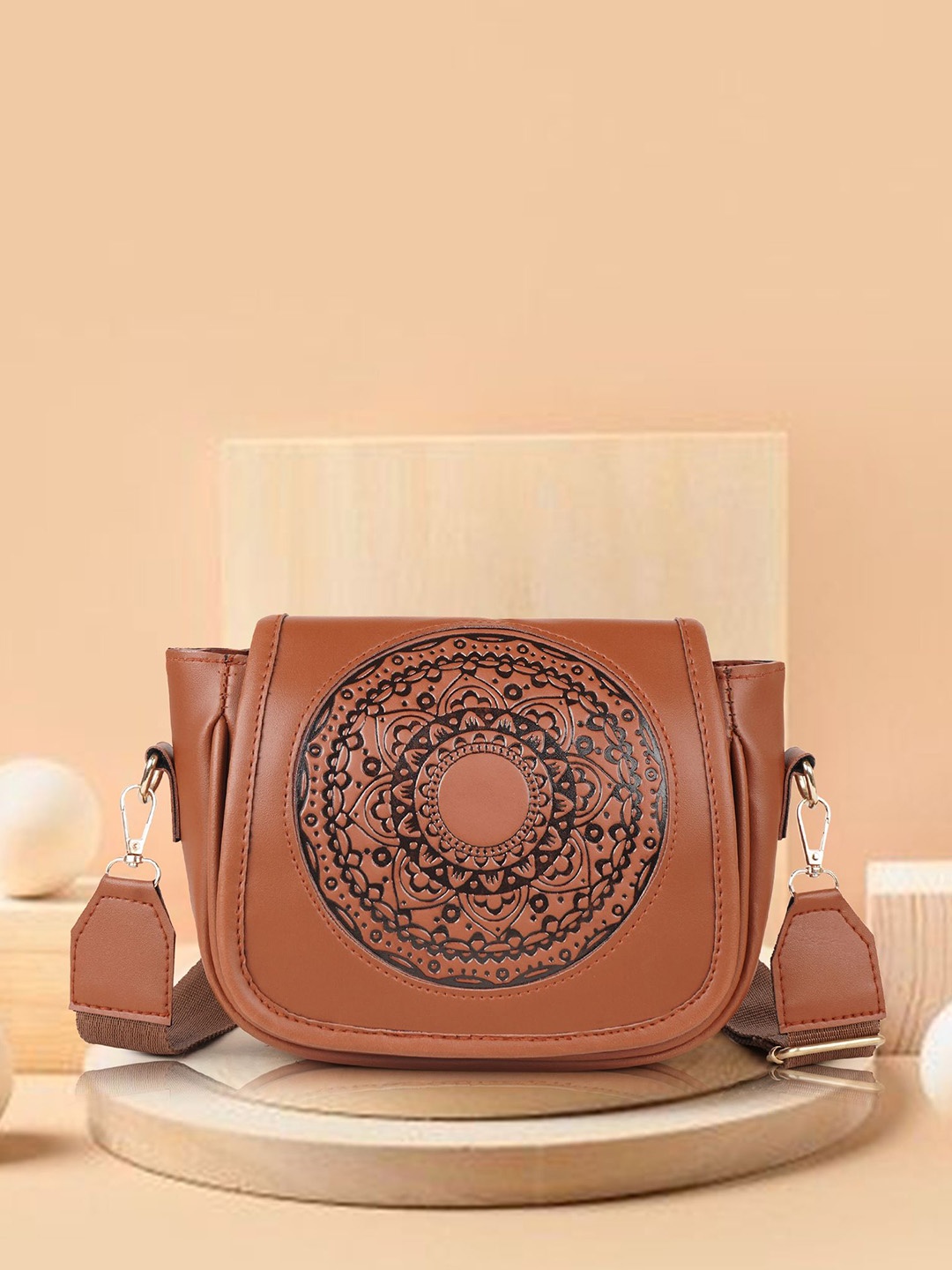 YOYOWING Women Floral Printed Structured Leather Sling Bag, Tan