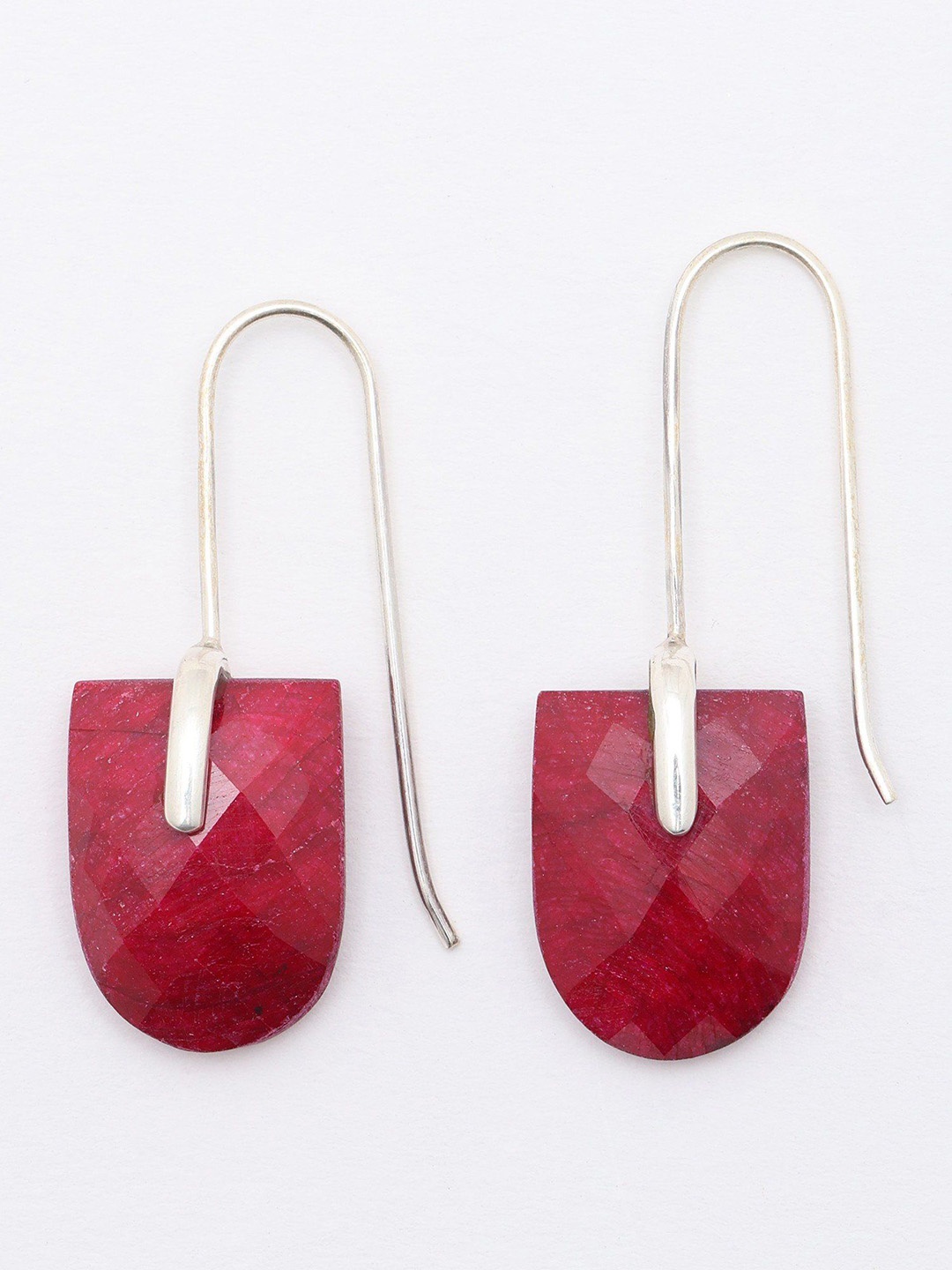 

Exotic India Long Hook Sterling Silver Earrings with Faceted Ruby, Pink