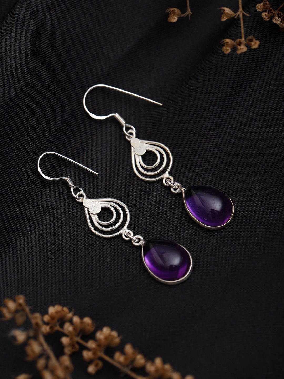 

Exotic India Sterling Silver Earrings with Tear Drop Amethyst, Purple