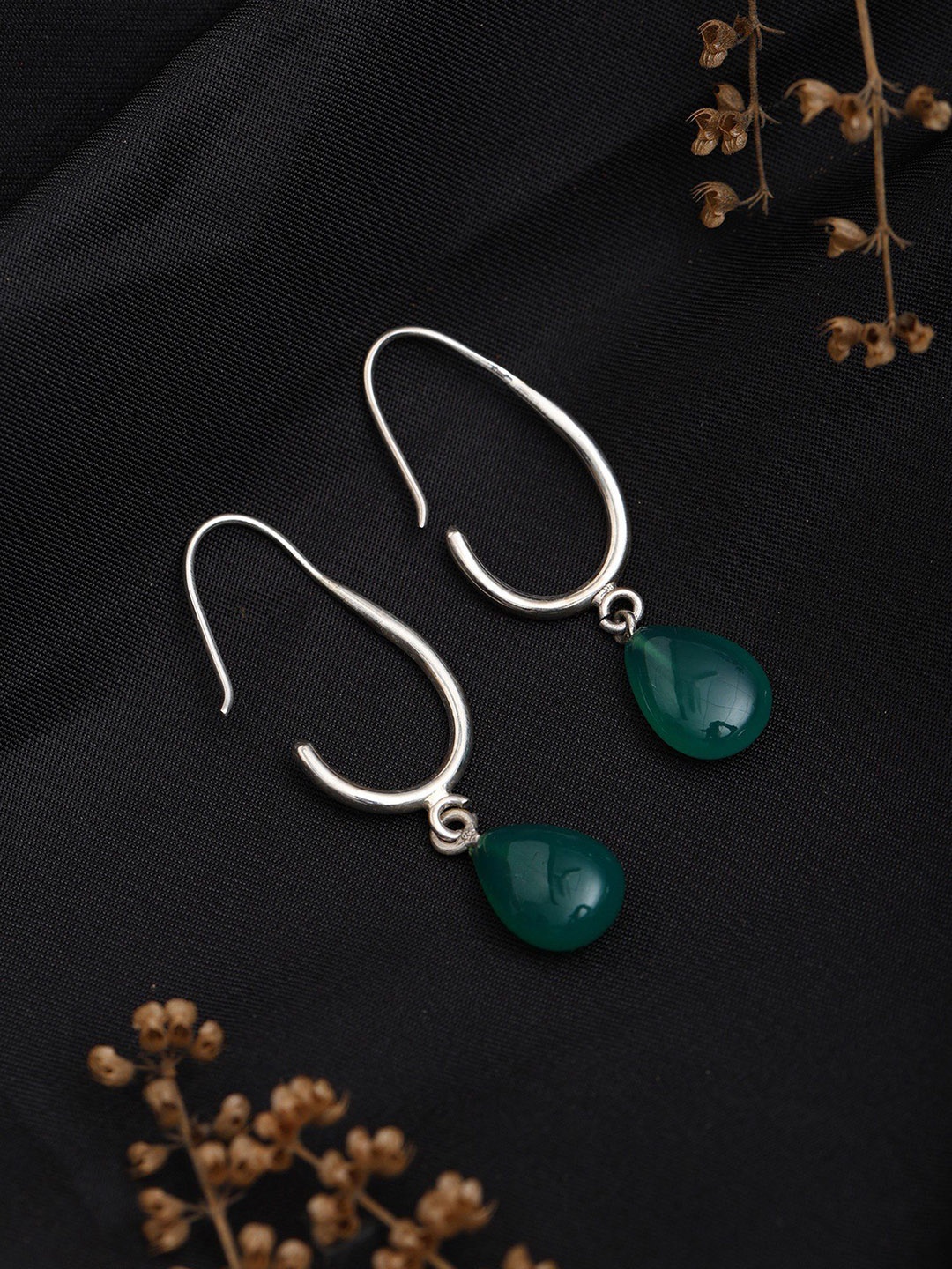 

Exotic India Sterling Silver Earrings with Green Onyx Drop