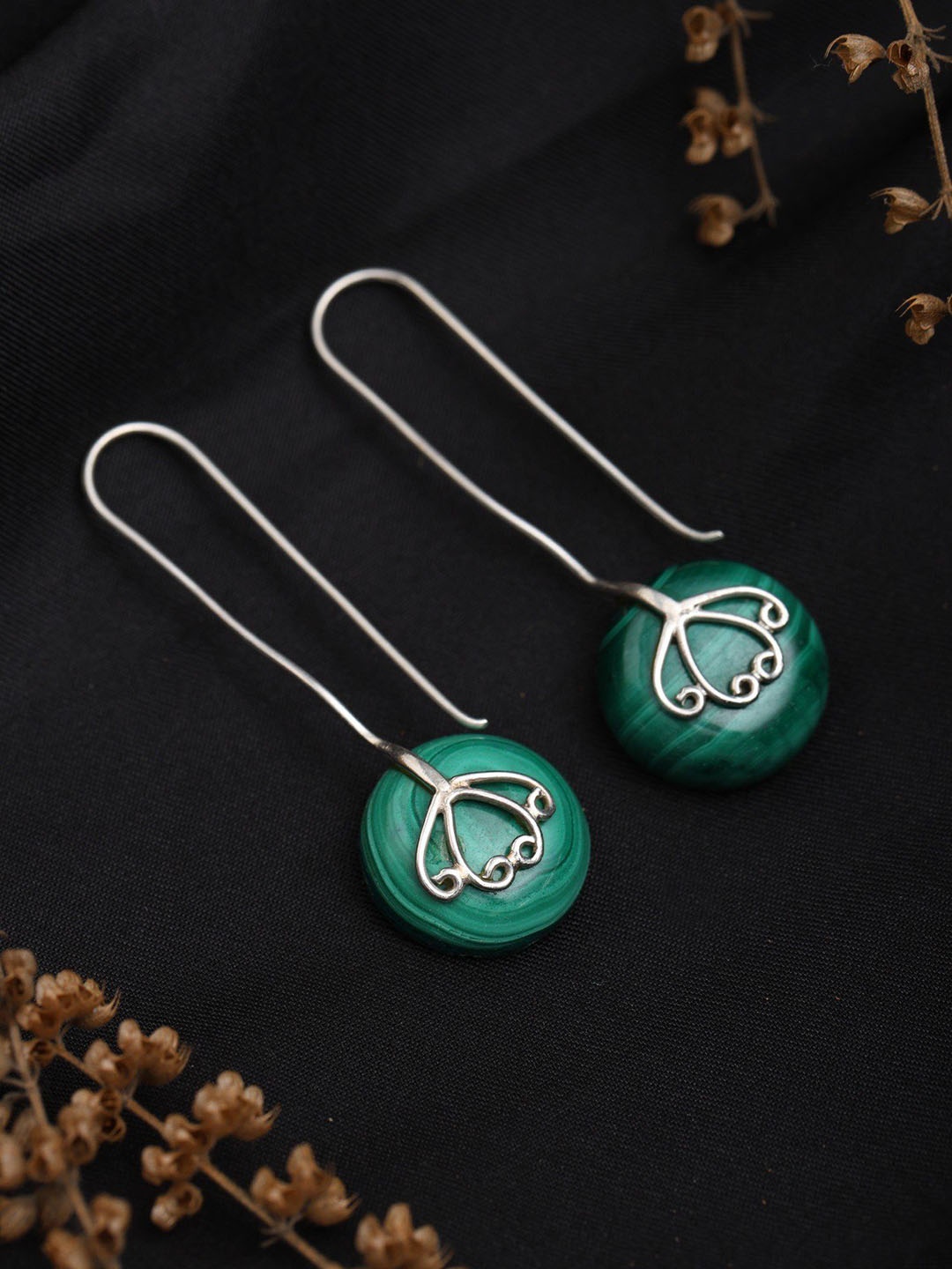 

Exotic India Sterling Silver Long Hook Earrings with Malachite Gemstone, Green