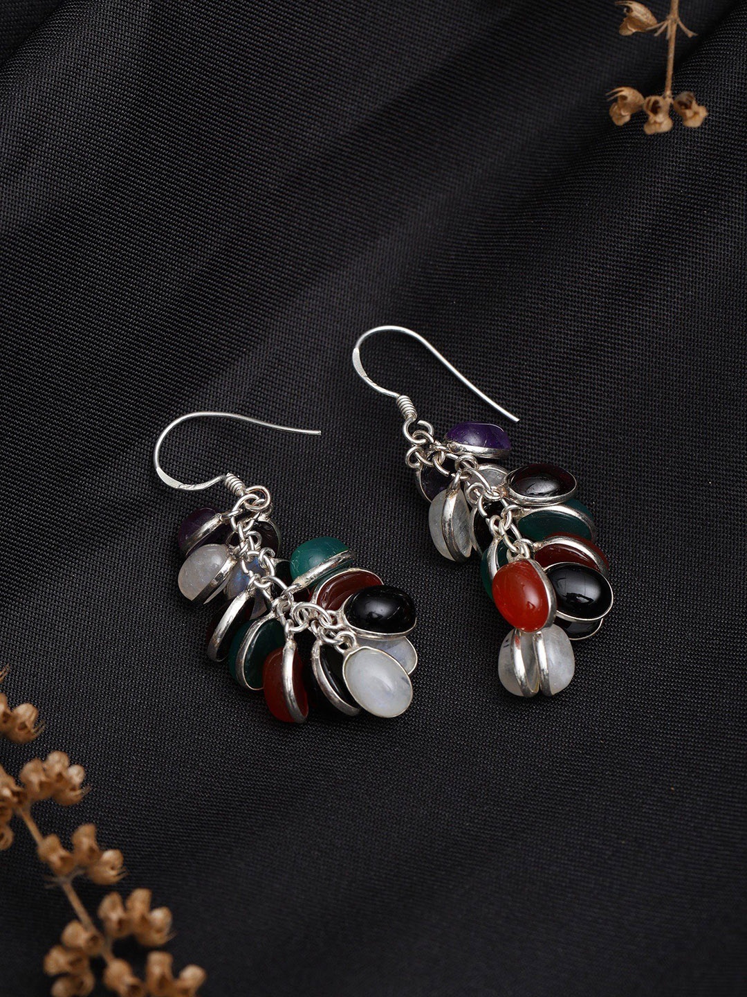 

Exotic India Stylish Sterling Silver Earrings with Multiple Gemstones, Multi