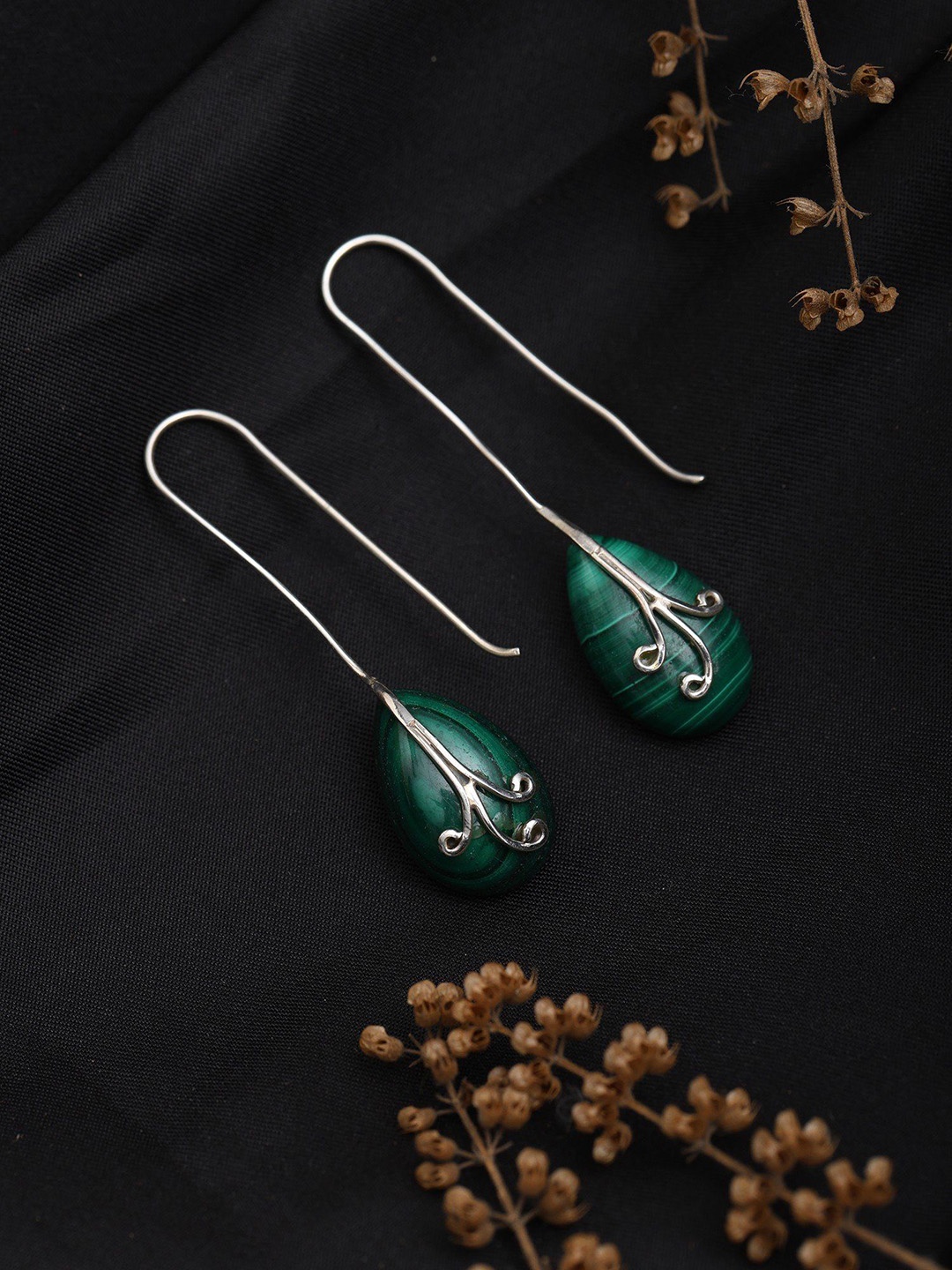 

Exotic India Sterling Silver Long Hook Earrings with Pear Shaped Malachite, Green