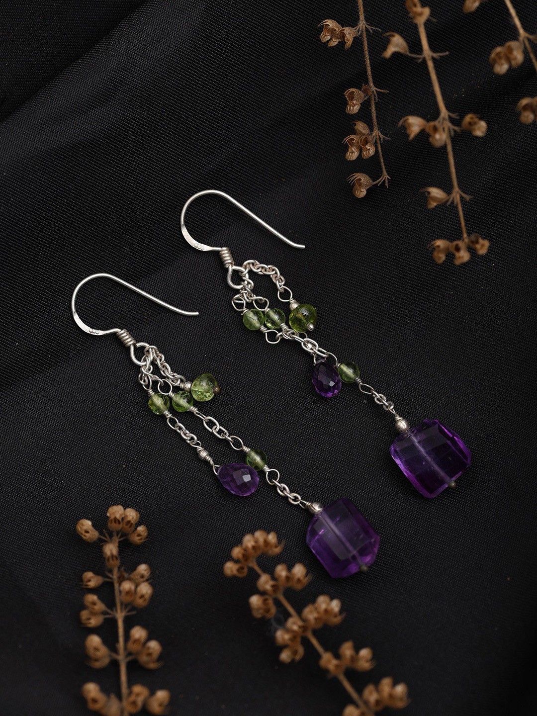 

Exotic India Sterling Silver Dangling Earrings with Peridot and Amethyst, Purple