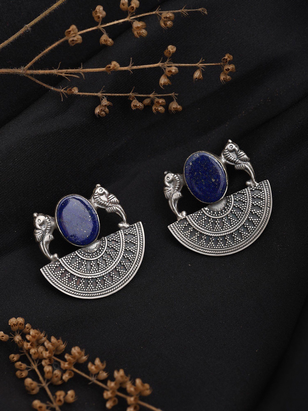 

Exotic India Oval Lapis Lazuli Sterling Silver Earrings with Semi-circle Mandala & Peacock, Blue