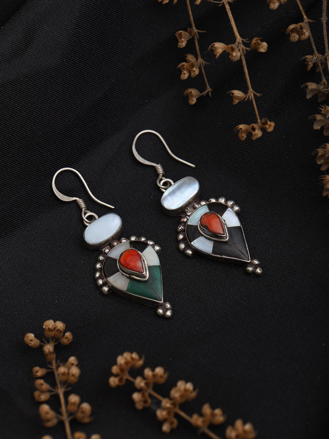 

Exotic India Reverse Tear Drop Sterling Silver Earrings with Multi Gemstones, Red