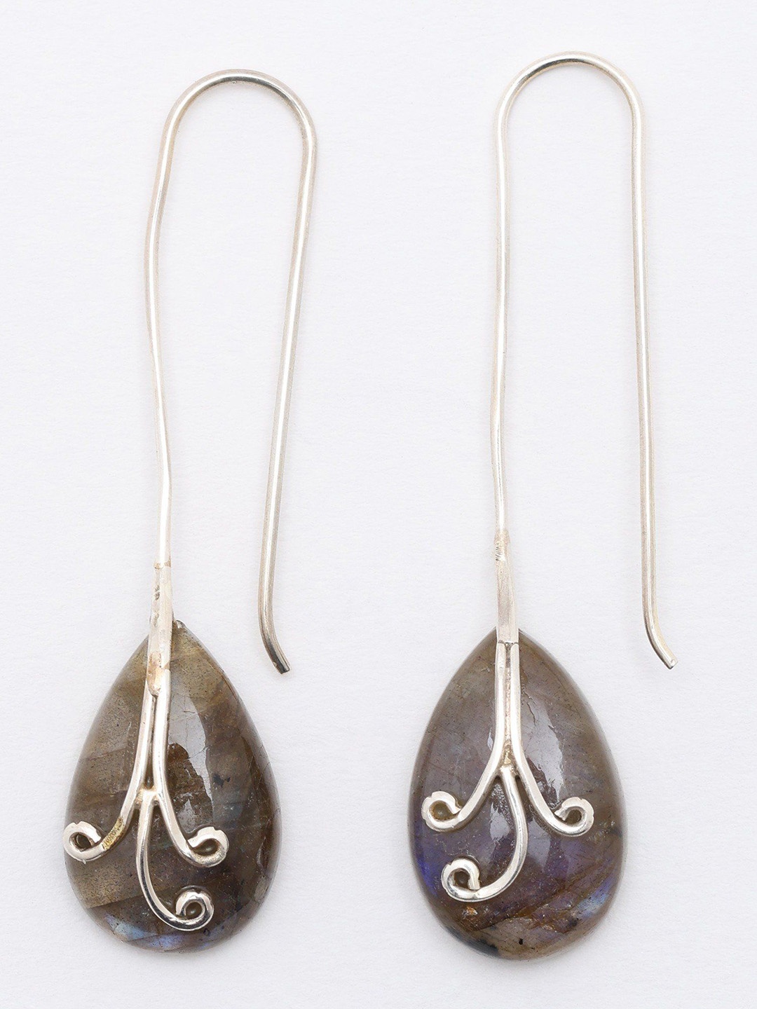 

Exotic India Pear Shape Labradorite Long Hook Earrings, Brown