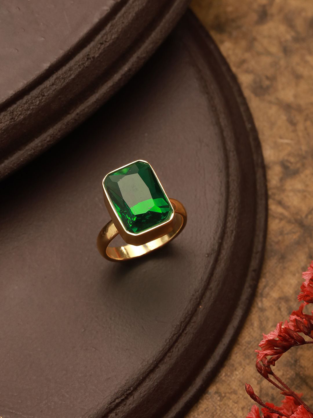 

SARAF TRENDZ Gold Plated Sapphire Emerald Studded Adjustable Finger Ring