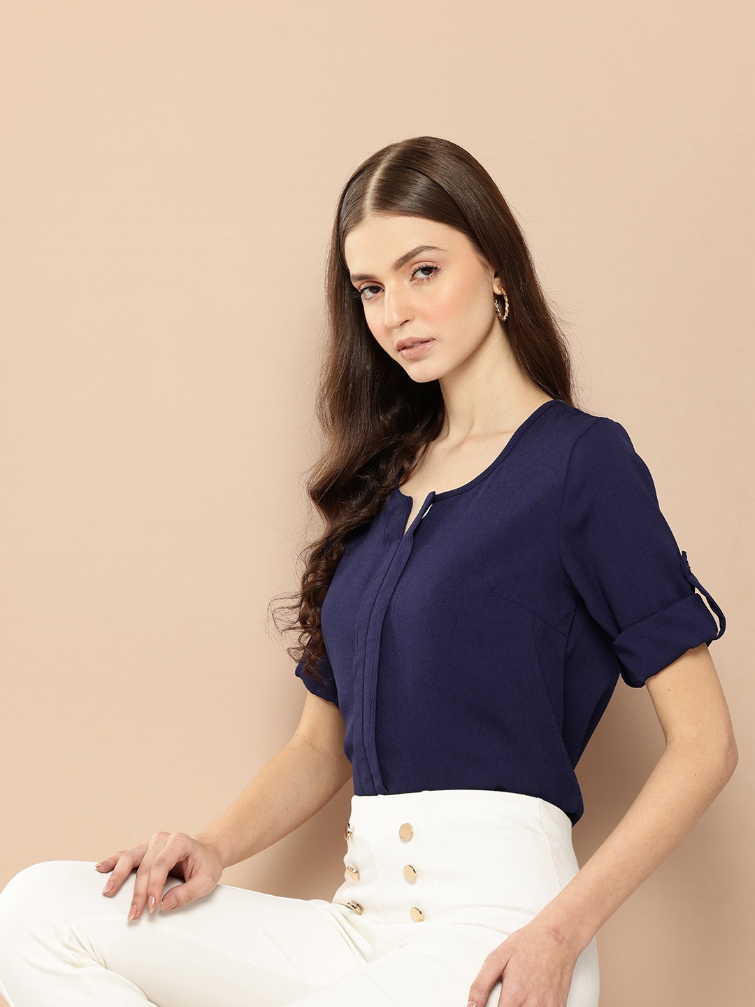 

her by invictus Solid Roll-Up Sleeves Top with Pleat Details, Navy blue