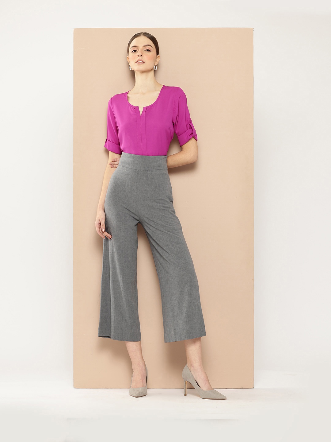 

her by invictus Solid Roll-Up Sleeves Top with Pleat Details, Fuchsia