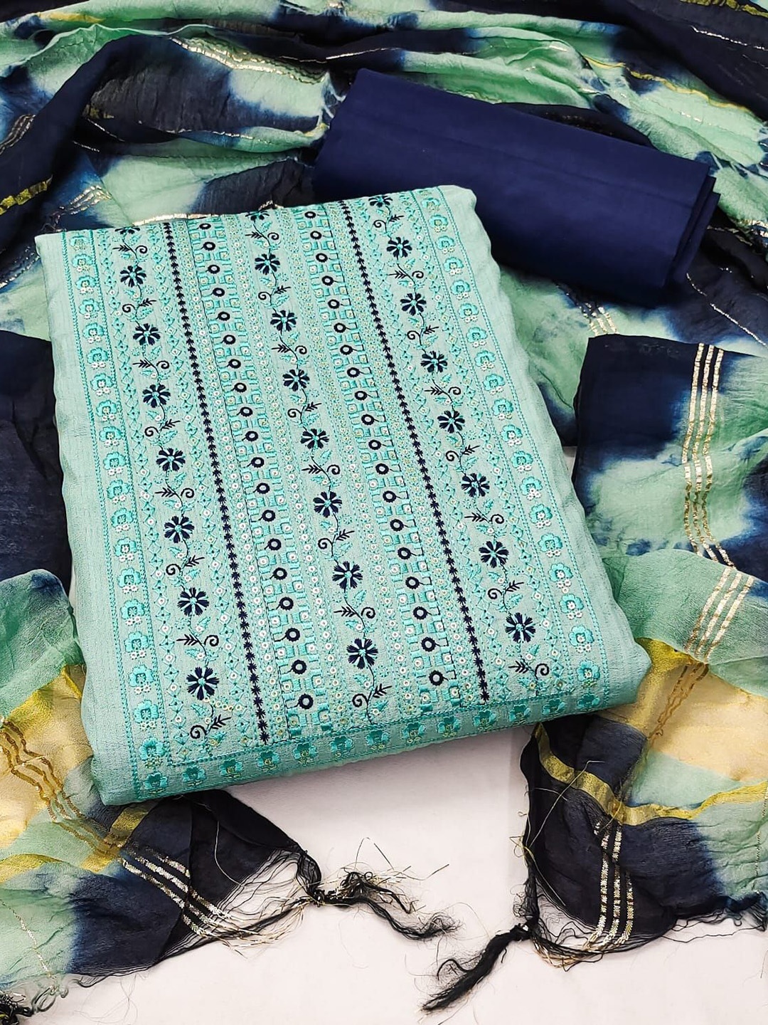 

A TO Z CART Floral Embroidered Sequinned Unstitched Dress Material, Teal