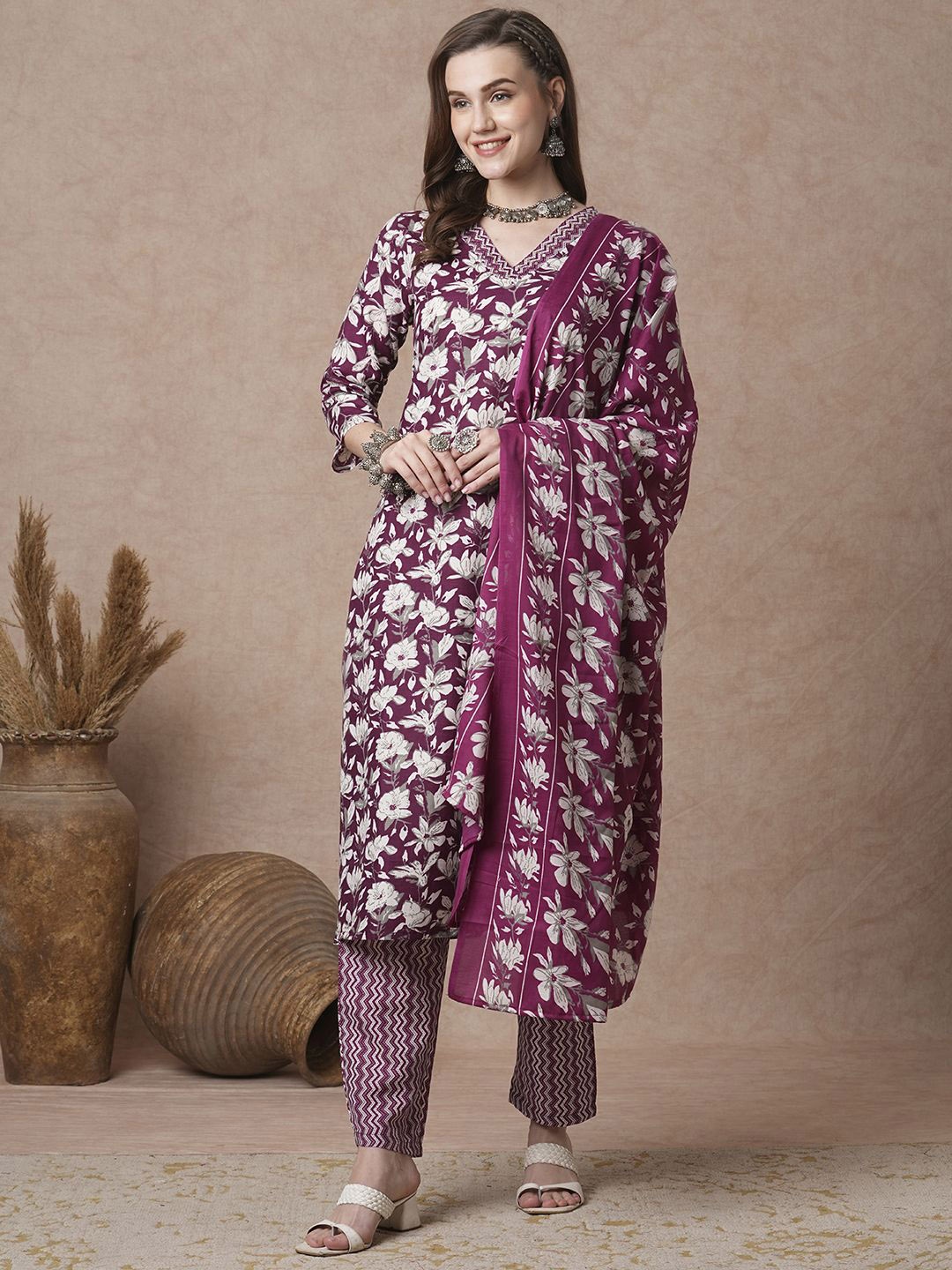 

FASHOR Floral Printed V-Neck Straight Pure Cotton Kurta with Trousers And Dupatta, Purple