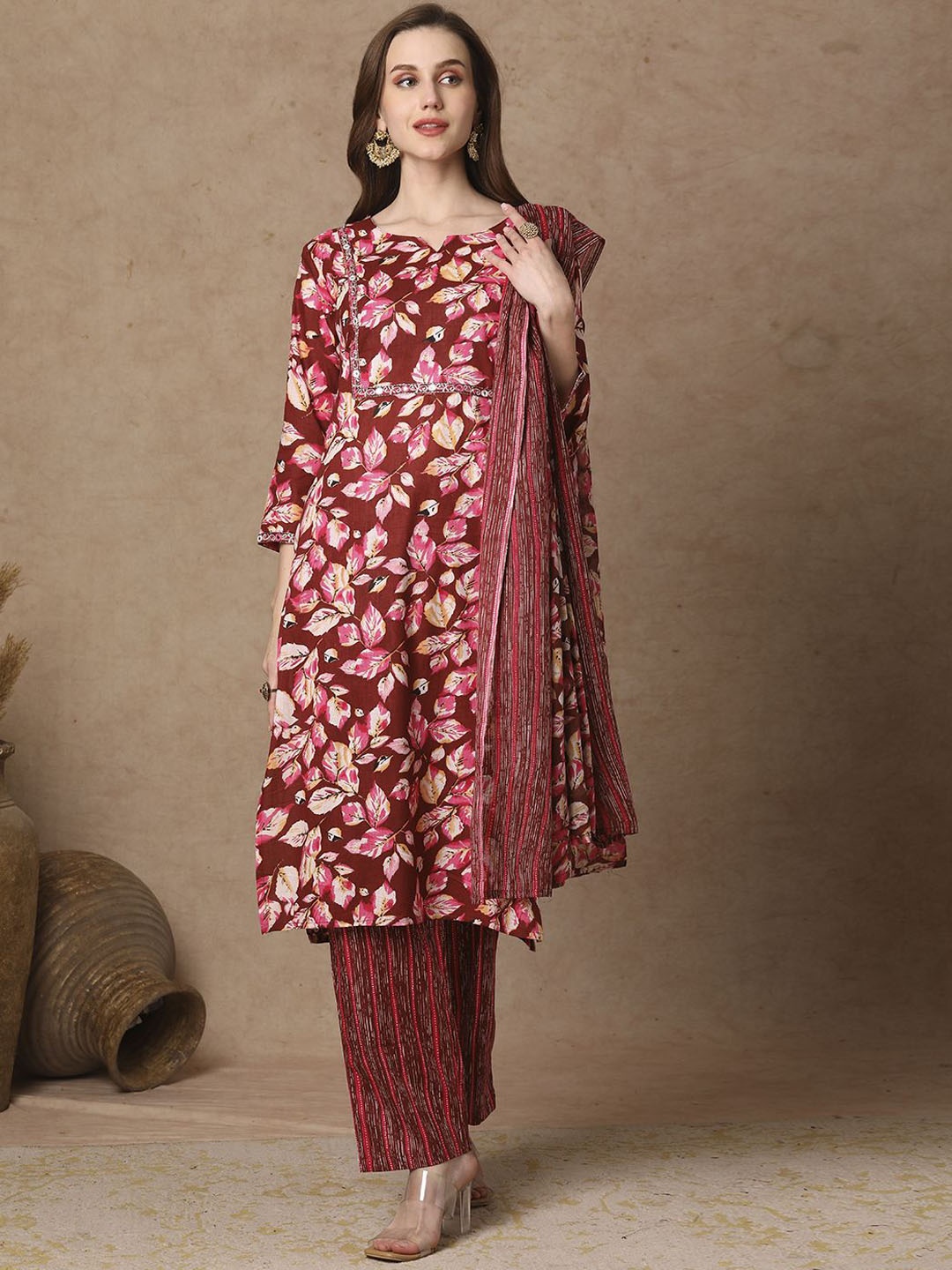 

FASHOR Women Ethnic Motifs Printed Regular Pure Cotton Kurta with Trousers & With Dupatta, Brown