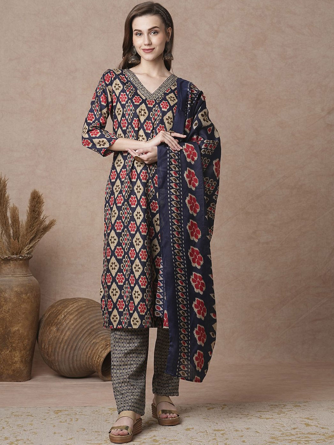 

FASHOR Women Ethnic Motifs Printed Regular Sequinned Pure Cotton Kurta with Trousers & With Dupatta, Blue