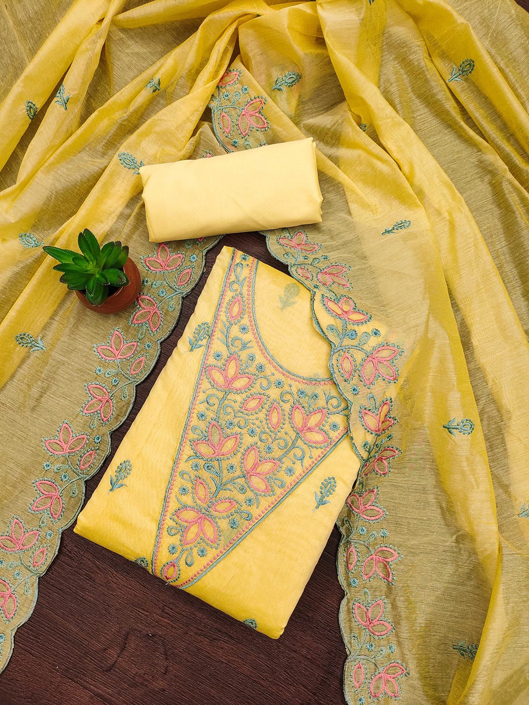 

KALINI Floral Embroidered Modal Chanderi Unstitched Dress Material, Yellow