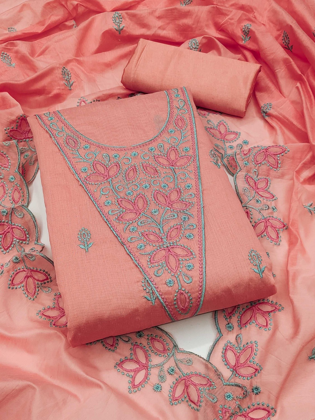 

KALINI Floral Embroidered Modal Chanderi Unstitched Dress Material, Peach