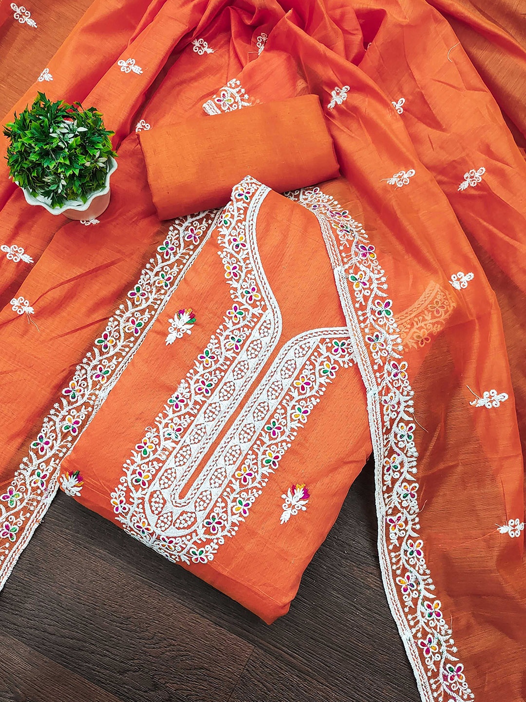 

KALINI Floral Embroidered Modal Chanderi Unstitched Dress Material, Orange