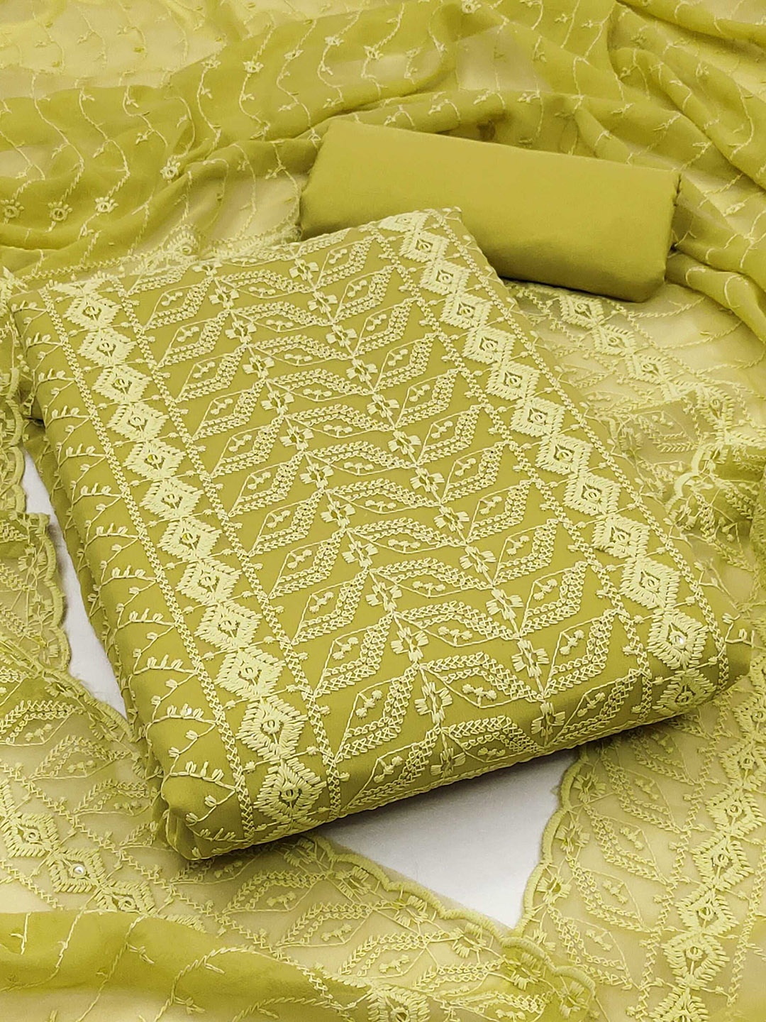 

KALINI Geometric Embroidered Georgette Unstitched Dress Material, Yellow