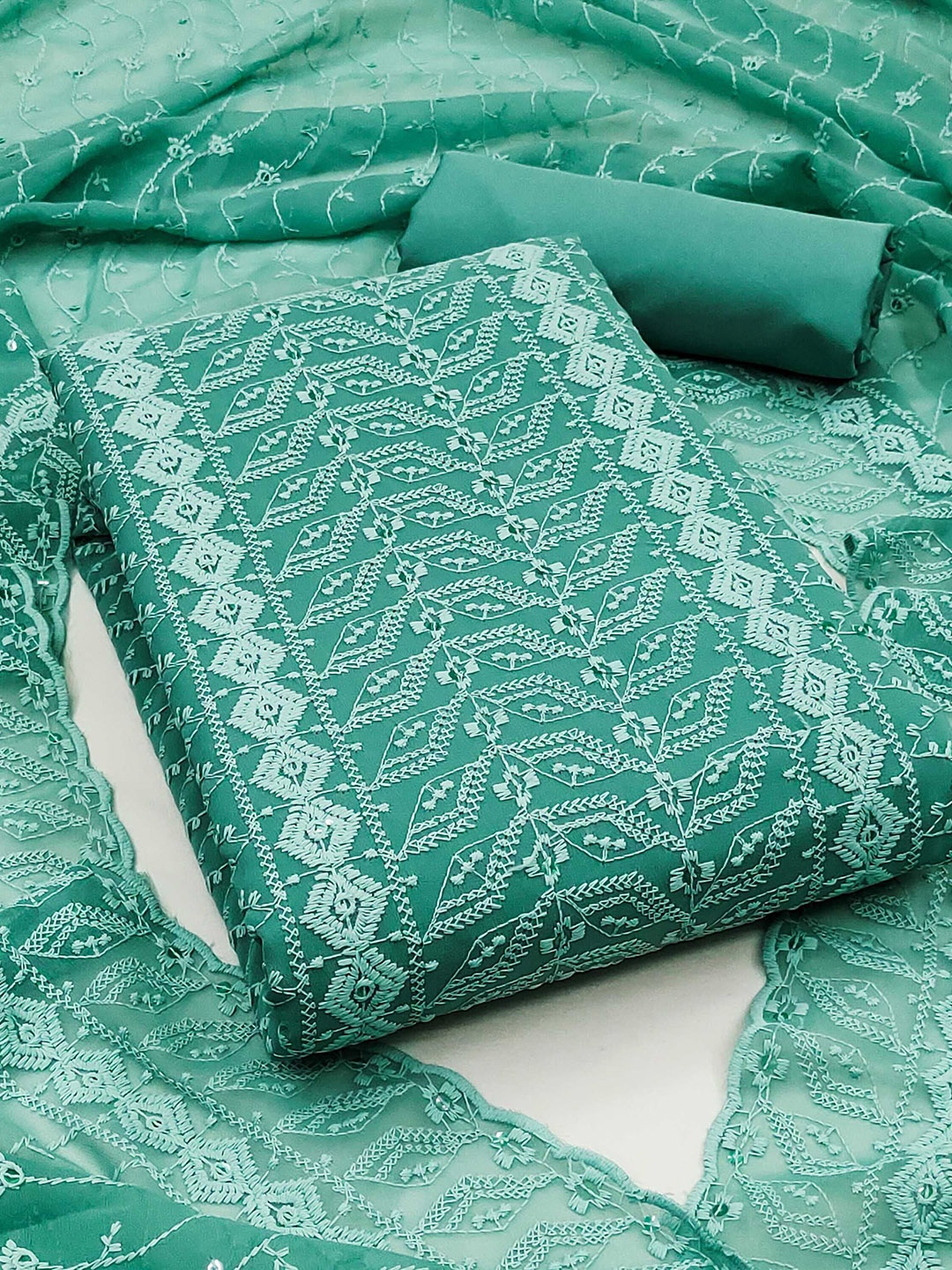 

KALINI Geometric Embroidered Georgette Unstitched Dress Material, Blue