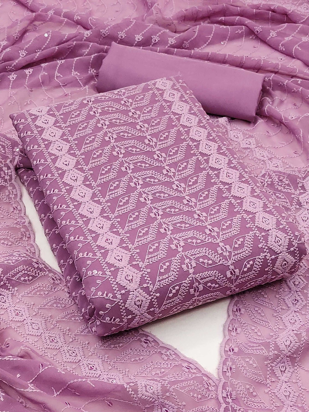 KALINI Geometric Embroidered Georgette Unstitched Dress Material, Lavender