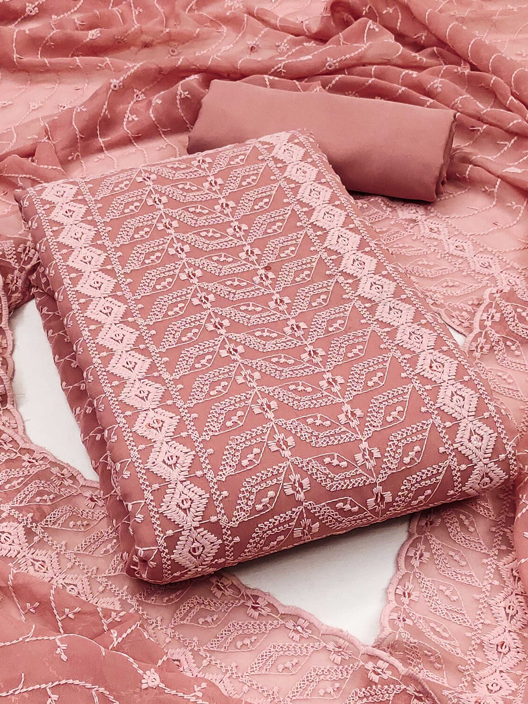 KALINI Geometric Embroidered Georgette Unstitched Dress Material, Pink