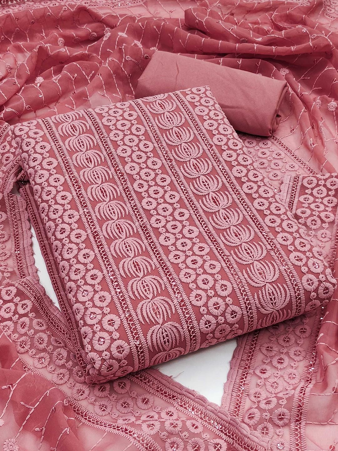 

KALINI Geometric Embroidered Unstitched Dress Material, Pink